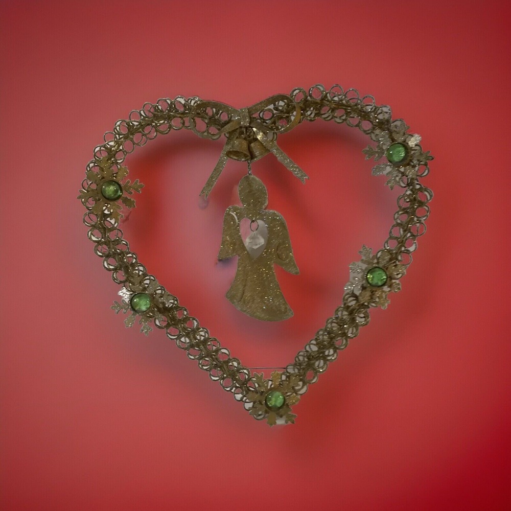 Metal Gold Glitter Wire Christmas Heart Wreath with Angel and Snowflakes‎